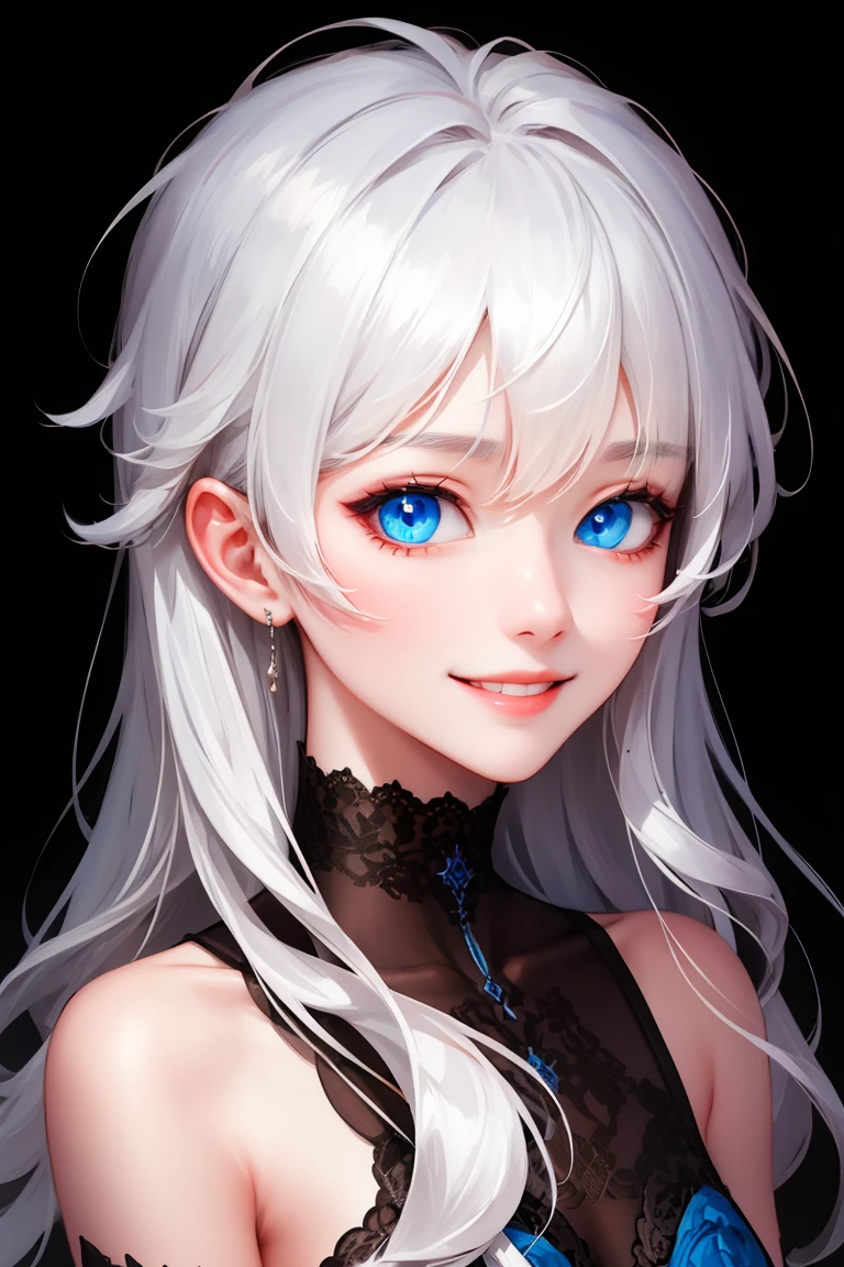 masterpiece, best quality, ultra-high-detailed, smile, white hair, light blue eyes, looking to viewer, black background, upper shoulder , manghwa style, age 25,