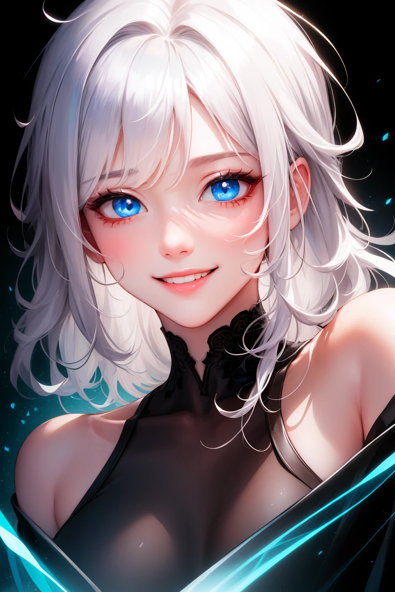 masterpiece, best quality, ultra-high-detailed, smile, white hair, light blue eyes, looking to viewer, black background, upper shoulder , manghwa style, age 25,