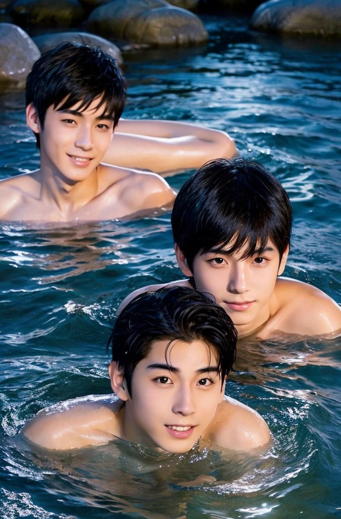 Beautiful boy、Handsome、18-year-old、Japan boys、Black Hair、night、hot spring、Thin、Cute Boys、sit、、In the water、