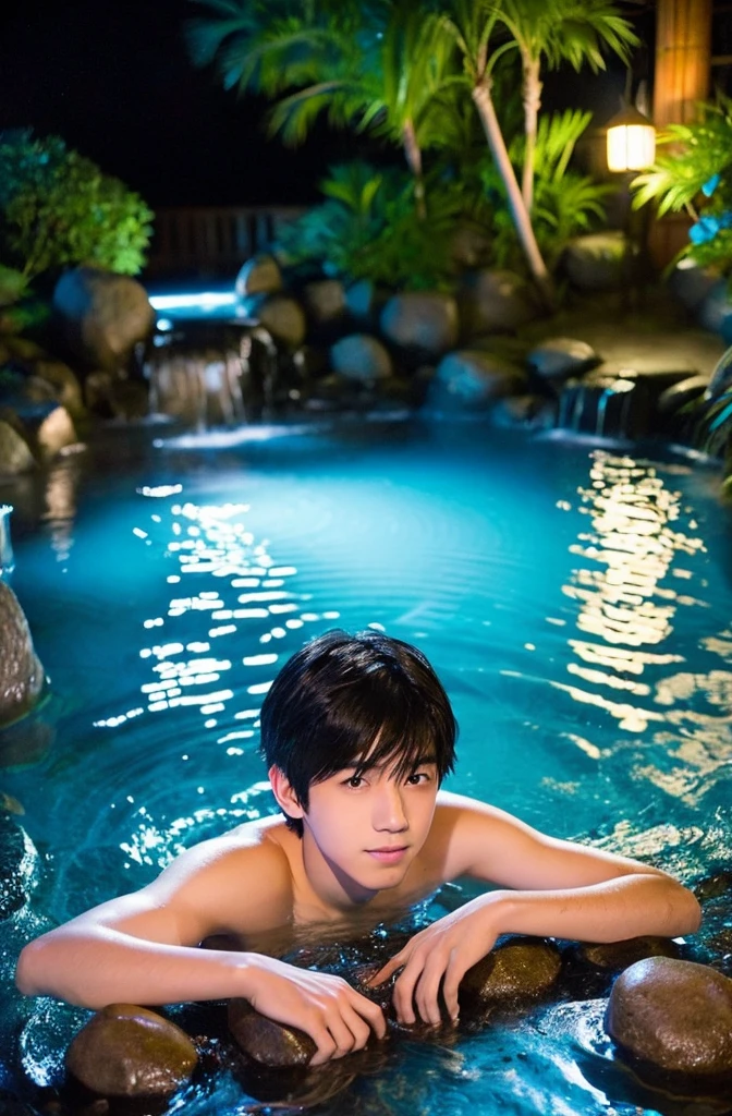 Beautiful boy、Handsome、18-year-old、Japan boys、Black Hair、night、hot spring、Thin、Cute Boys、sit、、In the water、