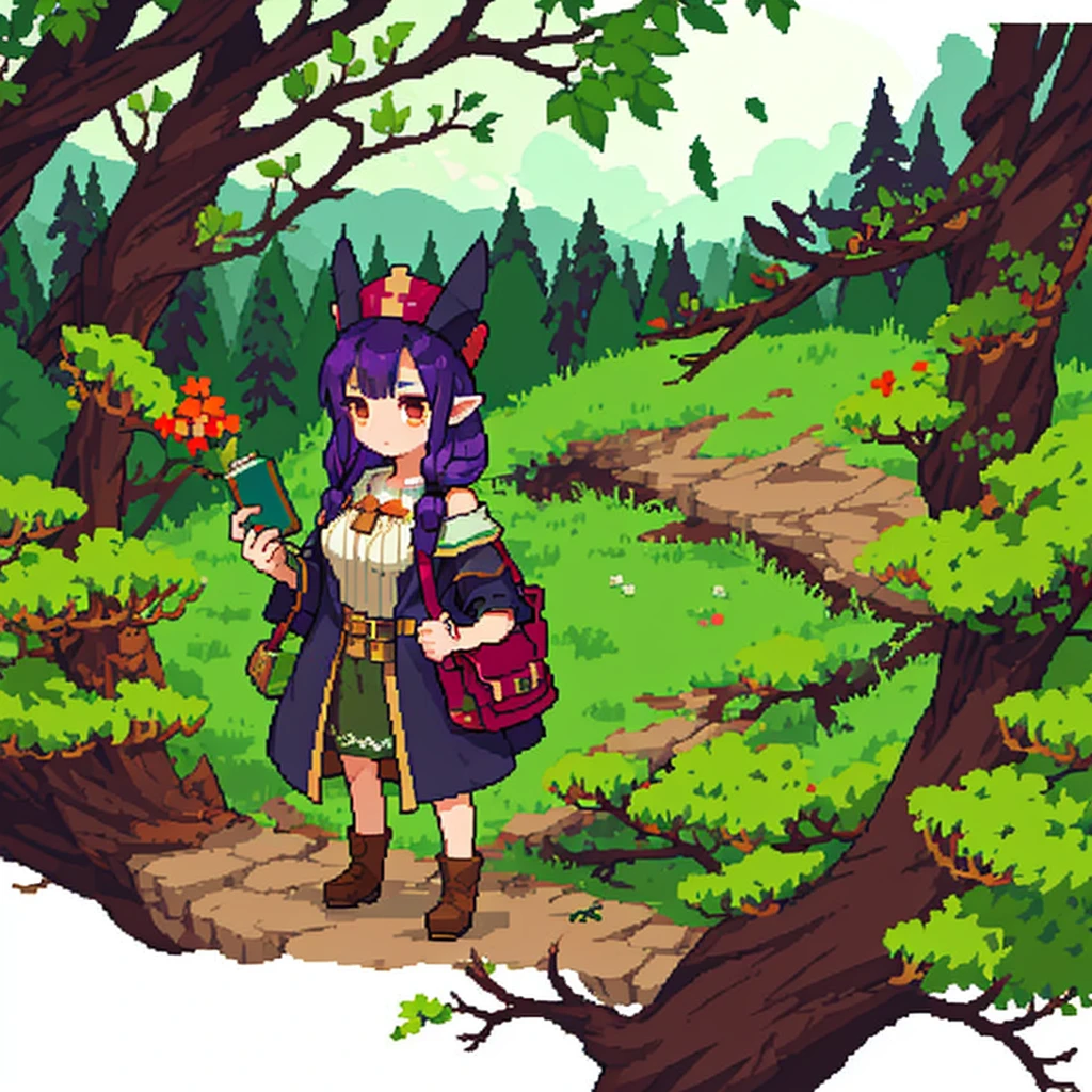 young woman , half-elf , Medium breasts , closed alchemist clothing , hat , dark purple hair , long hair with one braid , orange eyes , calm cold look , holding a book in one hand , shoulder bag, collects medicinal herbs , In the woods, masterpiece ,((Best quality)) , resolution 1080p