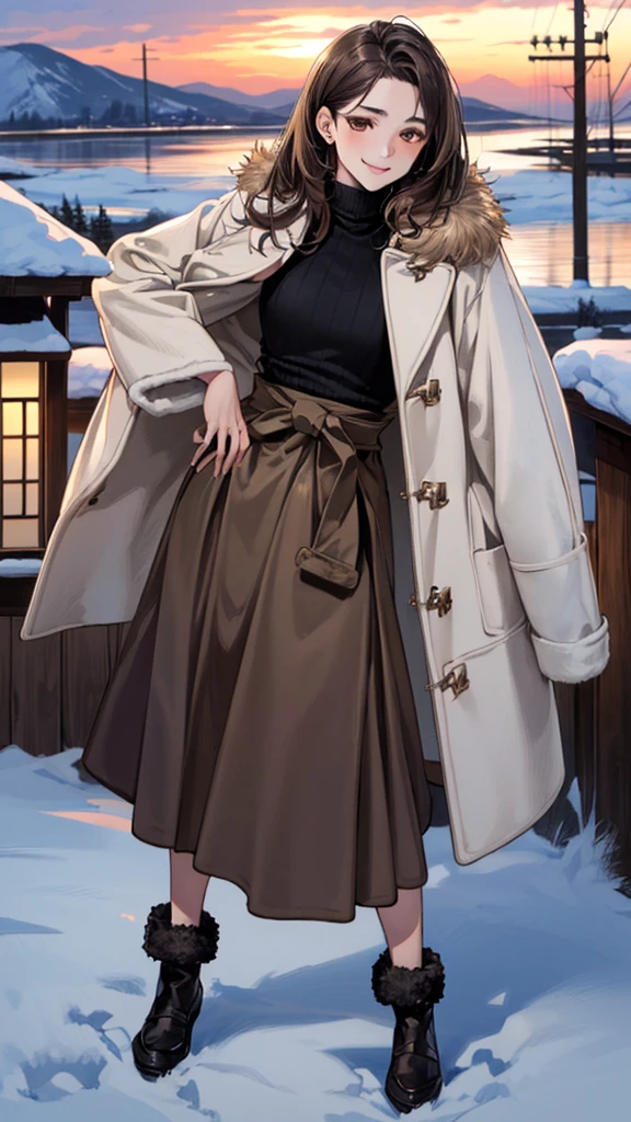 (masterpiece:1.3, Highest quality, Ultra-high resolution, Very detailed), (Realistic, photoRealistic:1.4), Beautiful illustrations, Perfect lighting, Natural light, colorful, Written boundary depth, winter、snow, Beautiful detailsまでこだわった髪, Beautifully detailed face, Beautiful details, Beautiful clavicle, Beautiful body,, Beautiful legs, Beautiful fingers, Shiny skin, Baby Face, Show Viewer, Full Body Shot、1 Beauty, Japanese, single,20-year-old, (Perfect Anatomy, Anatomically correct, Very detailed肌), Cute and symmetrical face, Perfect Face, smile、Perfect Eyes, (Dark brown hair、Half Up Hair:1.4), Dark brown eyes, Long eyelashes, Medium Chest,, thin, Great style, , (Detailed cloth texture),(Fur coat:1.4), ((Thick turtleneck sweater:1.4)), ((Long skirt:1.4)),(Beautiful views), evening, (かわいらしいsmile, Lips parted),