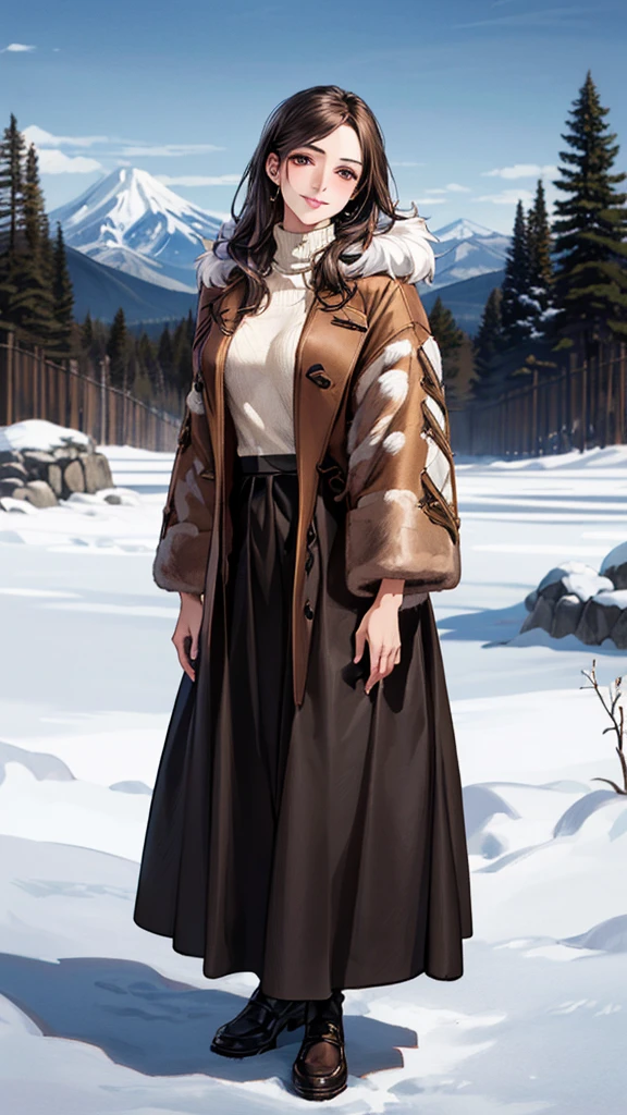 (masterpiece:1.3, Highest quality, Ultra-high resolution, Very detailed), (Realistic, photoRealistic:1.4), Beautiful illustrations, Perfect lighting, Natural light, colorful, Written boundary depth, winter、snow, Beautiful detailsまでこだわった髪, Beautifully detailed face, Beautiful details, Beautiful clavicle, Beautiful body,, Beautiful legs, Beautiful fingers, Shiny skin, , Show Viewer,  Full Body Shot、1 Beauty, Japanese, single,20-year-old, (Perfect Anatomy, Anatomically correct, Very detailed肌), Cute and symmetrical face, Perfect Face, smile、Perfect Eyes, (Dark brown hair、Half Up Hair:1.4), Dark brown eyes, Long eyelashes, Medium Chest,, thin, Great style, , (Detailed cloth texture),(Fur coat:1.4), ((Thick turtleneck sweater：1.4)), ((Long skirt:1.4)),(Beautiful views), evening, (かわいらしいsmile, Lips parted),
