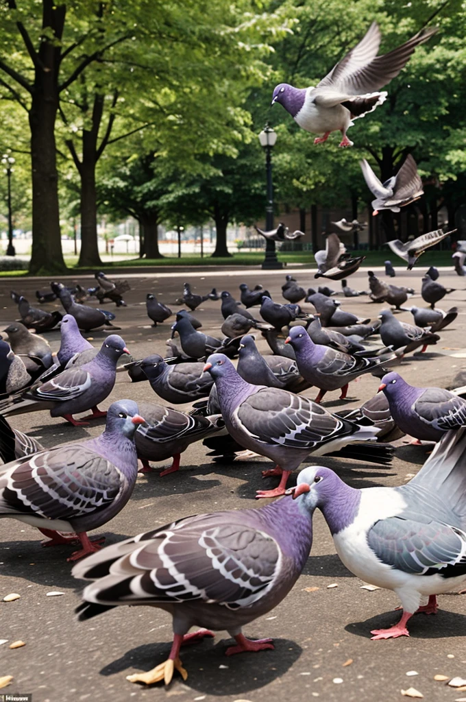Panel 2:
[ We see captain whiskers approaching a group of pigeons causing choas in the  park . The pigeons are scattering breadcrumbs  everywhere.]
