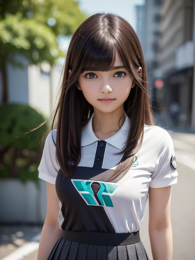 (8k, RAW Photos, Highest quality, masterpiece:1.2), (Realistic, photo-Realistic:1.4), (Highly detailed 8K wallpapers), ((Full Body Shot)), (1 girl), Sharp focus, Depth of written boundary, Cinematic lighting, Soft Light, 緻密な美しさのeye, eye_Chan, Very beautiful girl, innocent big eyes, Realistic, photo Realistic, Highly detailed cute girl, (Thin thighs), (Model Body Type), 18-year-old, (((F1 Mercedes-AMG Petronas Formula One Team Polo Shirt))), ((Micro Mini Pleated Skirt)), (((Fold your arms in front of your chest and act arrogantly))), ((A happy smile)), Parted lips, Watching the audience, (On the streets of Britain) , (Brown Hair),(Long Bob Hair), (Asymmetrical bangs)