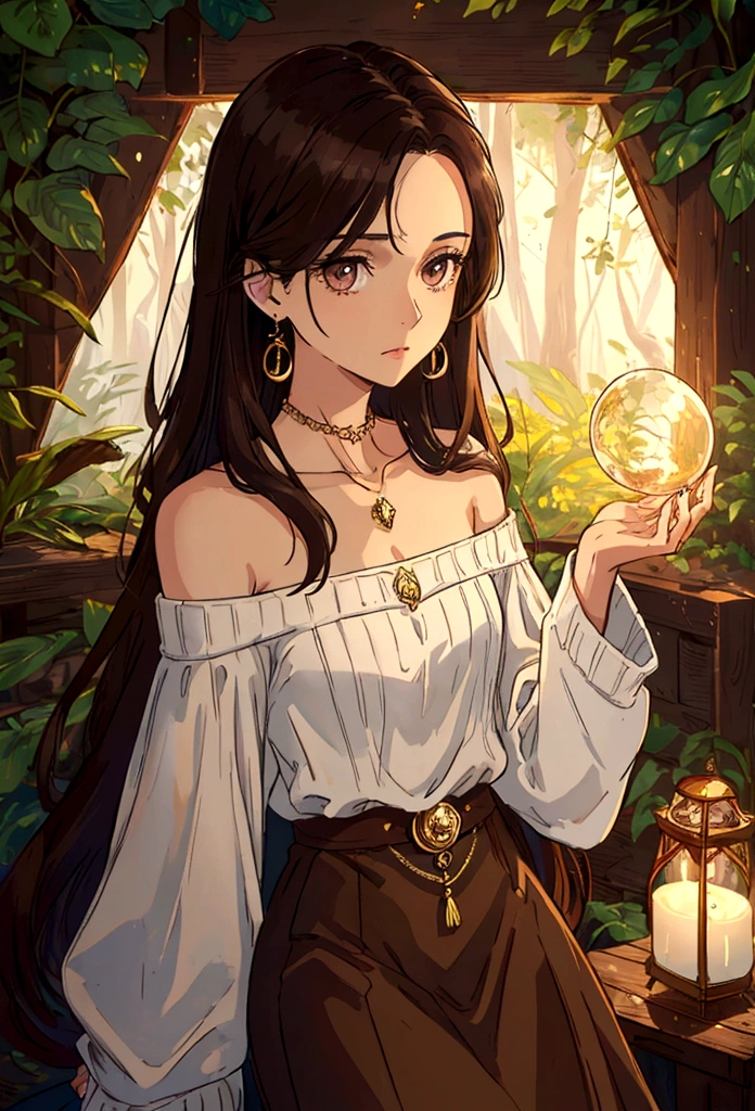 ((Best quality)), ((Masterpiece)), (Detailed): Maria Hanson, age 25, long dark brown straight hair, hazel eyes, slender and graceful build, wearing an off-shoulder sweater, serious yet gentle expression, lightly tanned skin, intricate jewelry with a small pendant, background of a dense forest or medieval village, poised and elegant stance, holding a small enchanted object.