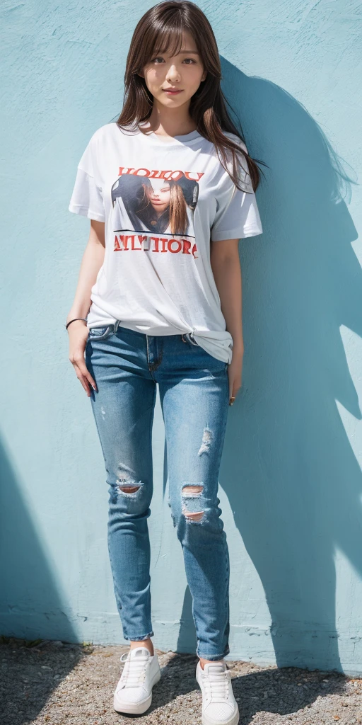 (full body:1.5), 1girl, long hair, ((Wearing a T-shirt:1.5)), (Small breasts:1.5), Wearing denim pants, Highest quality, figure, Super detailed, Fine details, High resolution, 8k wallpaper, Perfect dynamic composition, Beautiful attention to detail, A woman with a slightly young face, Hori's pale face, Small and cute nose, Baby Face, cute double, round face, Baby Face, Eyes slightly apart, Brown hair long, Has bangs, Small breastsと自然な色の唇, smile, Harajuku, 20-year-old girl, 白いTシャツを着てロング丈のWearing denim pants, Brown hair longで胸下まである長さの髪の毛, The shoes worn are sneakers, Height is 155cm