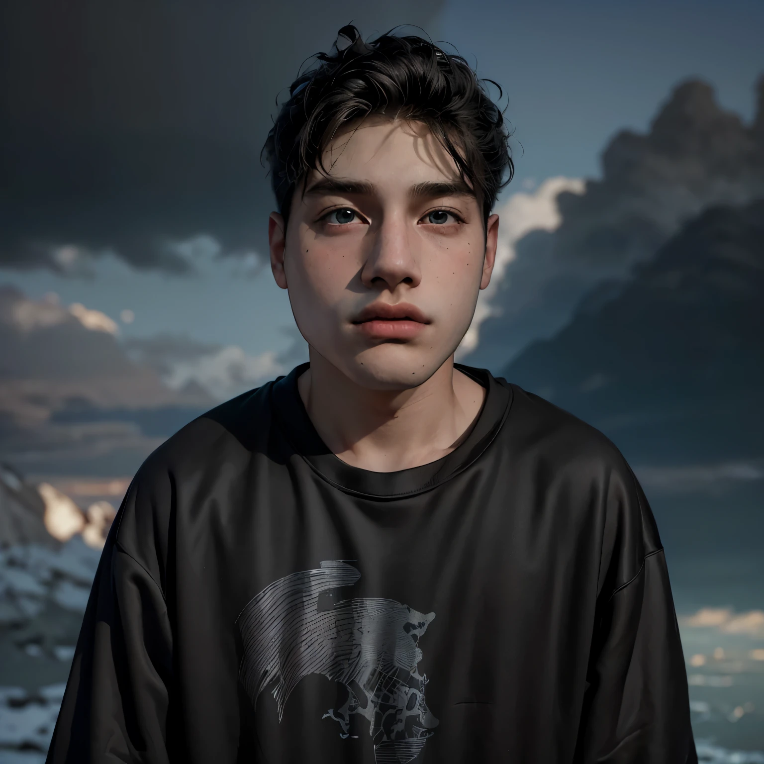 (masterpiece:1.2), (best quality:1.2), hyper realistic,highestres,absurdres,extremely detailed,volumetic,dramatic lighting,(frontal view),
20 year old boy,face,detailed eyes, flat black hoodie, black t-shirt, with background ((sky))