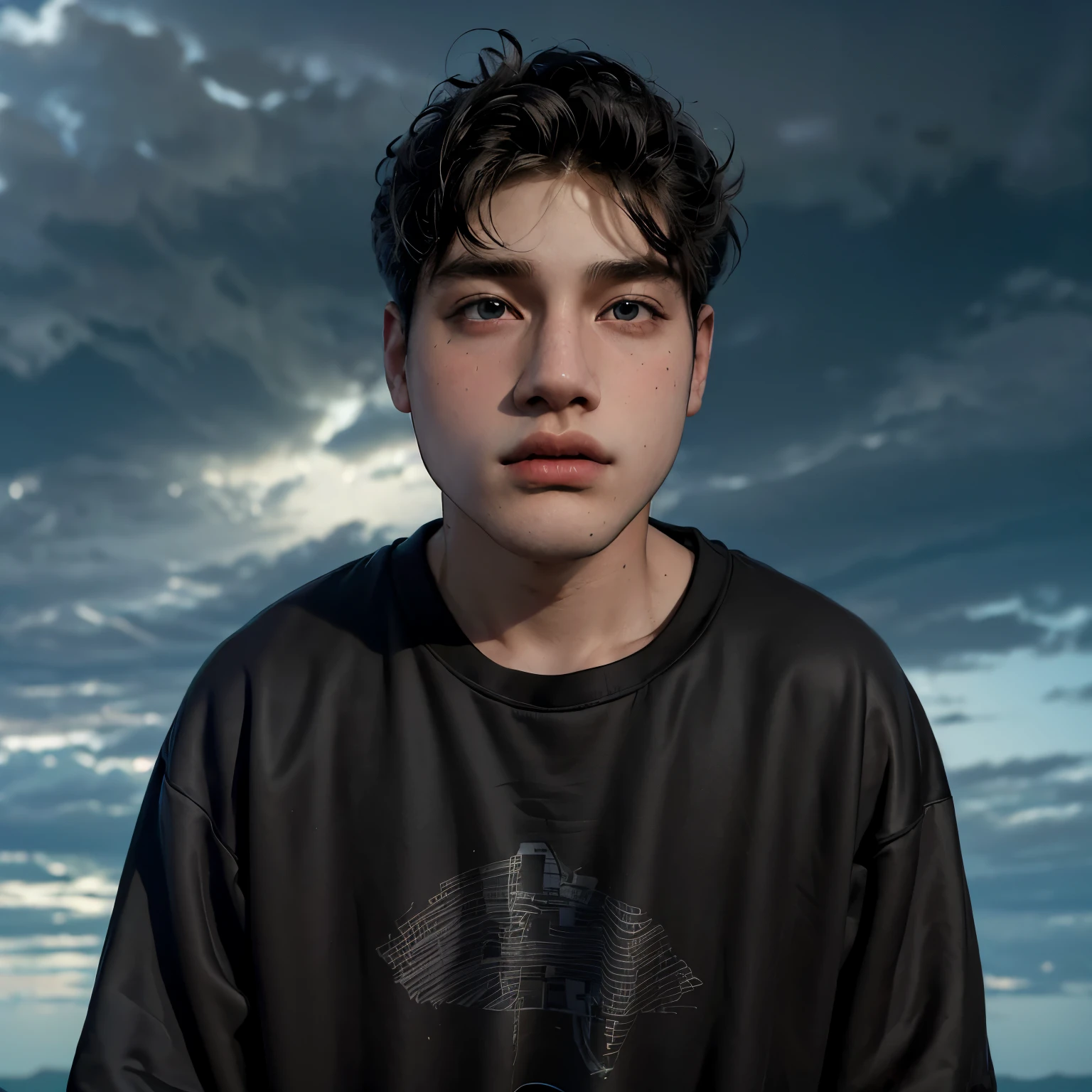 (masterpiece:1.2), (best quality:1.2), hyper realistic,highestres,absurdres,extremely detailed,volumetic,dramatic lighting,(frontal view),
20 year old boy,face,detailed eyes, flat black hoodie, black t-shirt, with background ((sky))