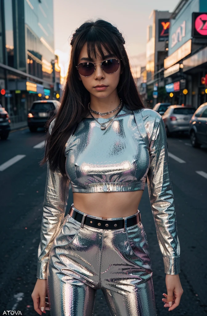 “Create an HD Ultra Realistic image of Young Attractive Asian Woman Sophie Tan in a Y2K-inspired fashion editorial. Sophie is dressed in a metallic silver crop top and matching pleather pants, accessorized with a silver chain belt and tinted sunglasses. The background is a futuristic cityscape with neon signs and a glowing sunset. Use a professional camera with a 70mm lens to capture Sophie’s bold pose and the reflective quality of her outfit (1.3). The cityscape setting should be blurred to ensure Sophie stands out, with post-production enhancing the sunset glow, adding a shimmering overlay, and using a vibrant color filter for a true Y2K editorial look (1.4).”