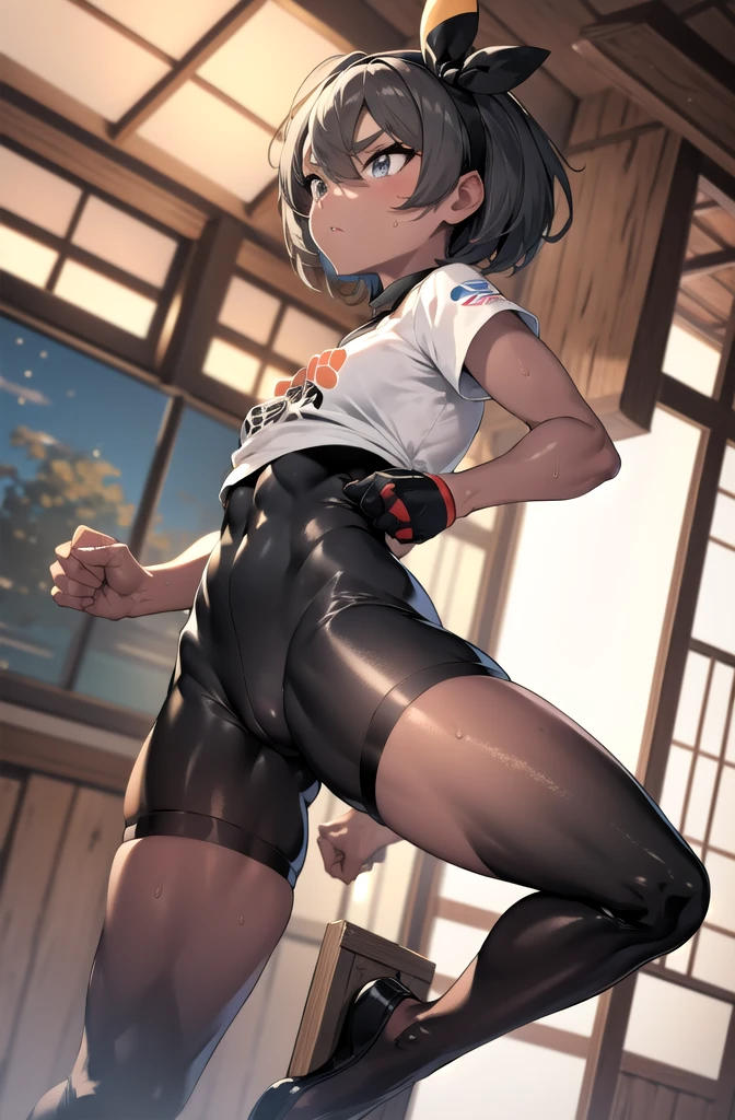 (masterpiece,Highest quality, detailed), One girl, alone, indoor, dojo, tatami,From below, Combat Stance, Clenched hands, View your viewers, Mouth closed, Spread your legs, Fisheye Lens, Depth of written boundary, The legs are off the frame,Ass,Sweat,Glaring,Full Body Tights Bee \(Pokemon\), Ribbon Hairband, Printed shirt, 黒のBodysuits, Bodysuits, One-handed gloves, Knee pads,