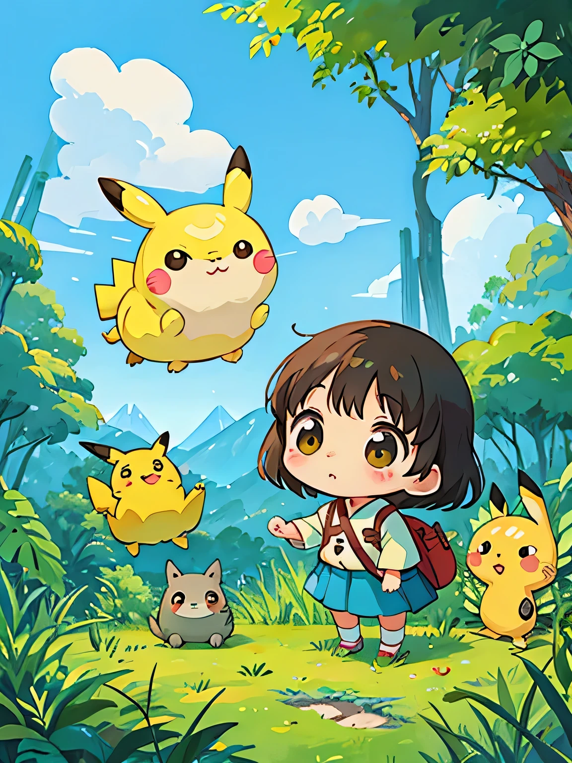 Hayao Miyazaki style、Kawaii Design, most beautiful girl ever、Chibi, (((expedition)))、Pikachu, Totoro, Egypt