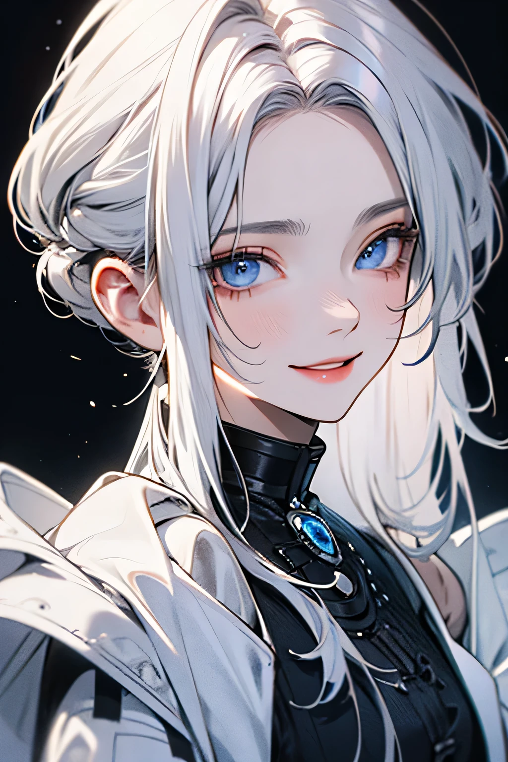 masterpiece, best quality, ultra-high-detailed, happy face, white hair, light blue eyes, looking to viewer, black background, upper shoulder , manghwa style, age 25,