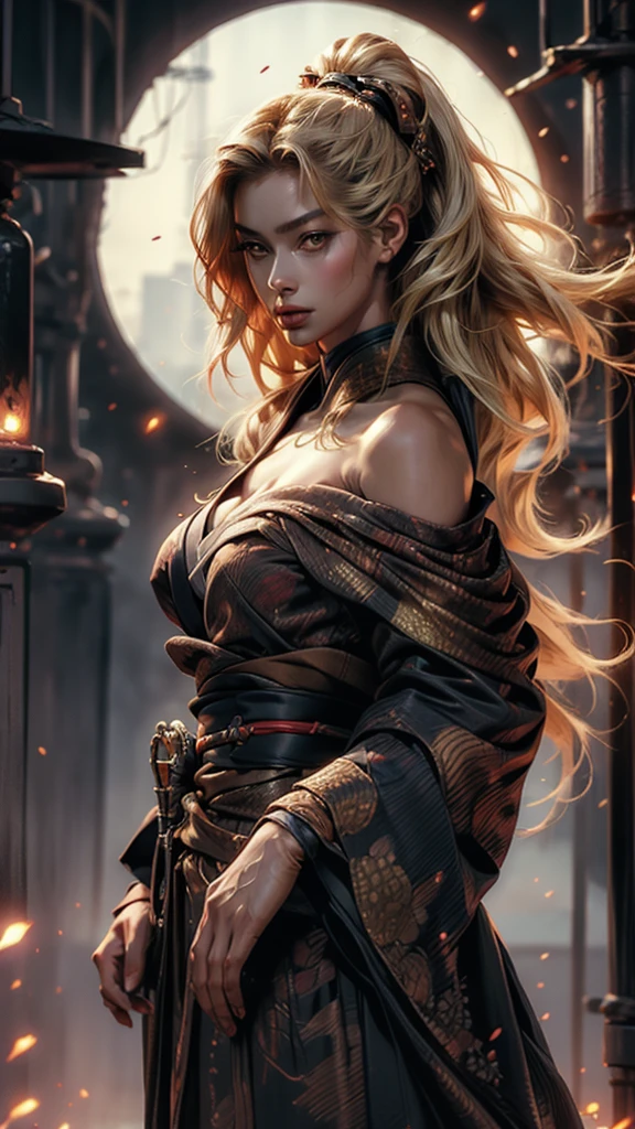((masterpiece, best quality)), best res, (medium breasts:1.3), good anatomy, ultra beaultiful face, hot, female, japanese woman, straight fece, extremely detailed face, 4k, detailed eyes, smal, 4 feet tall, (1girl), beautiful, (solo), (long hair), (golden eyes), (blonde hair), kimono, samurai kimono, one off shoulder, (standing), (parted lips), katana (weapon), katana on the back, night
