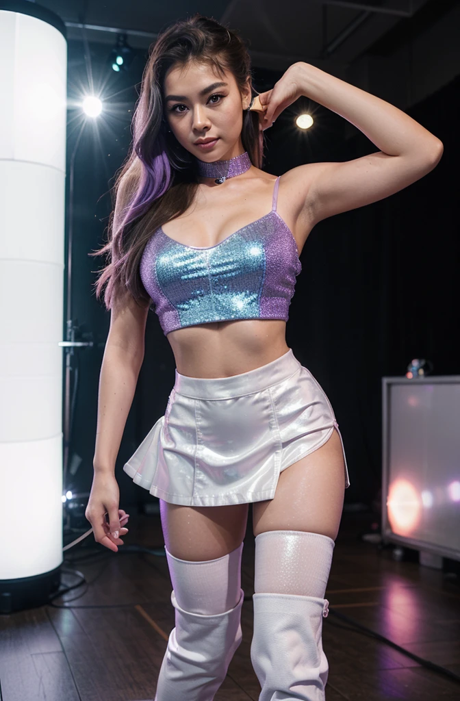 “Develop an HD Ultra Realistic image of Young Attractive Asian Woman Sophie Tan posing for a Y2K fashion editorial. Sophie is wearing a glittery purple tube top and white mini skirt with knee-high boots. She stands against a backdrop of a retro dance floor with a disco ball and colorful strobe lights. Capture the scene with a professional camera using a 35mm lens, focusing on Sophie’s energetic pose and the sparkling details of her outfit (1.3). The dance floor’s elements should be slightly blurred to highlight Sophie, and post-production should enhance the colors with a nostalgic filter and add a soft glow effect to mimic the dreamy, nostalgic vibe of Y2K fashion (1.4).”
