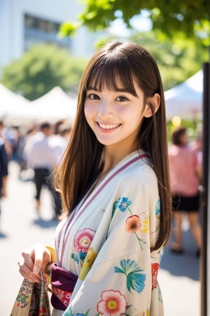 Japanese traditional kimono, flower pattern yukata, summer festival night stall, first year high school student, ((full body)), ((photo)), ((best qualtiy, 8K, tmasterpiece:1.3)), Focus:1.2, perfect figure beautiful girl:1.4, 1girl, cowboy shot, look at viewer, incredibly absurd, beautiful and cute girl with a photorealistic face, showcasing top-quality craftsmanship, A Japanese girl walking around looking at the food stalls at a summer festival on a night, 15 years old, straight hair that reaches about 10cm below the shoulders, light brown hair color, shiny hair, bangs cut straight above the eyes, hair tucked behind the ears, soft round face, large almond-shaped eyes, light brown eye color, long eyelashes, thin and neat eyebrows, small nose with a straight bridge, cherry-colored lips, bright smile, white teeth, smooth skin, fair skin, light pigmentation, freckles, average height, supple body, well-balanced proportions, small A-cup breasts, beautiful girl, neat, moe, cheerful, curious, friendly, polite, responsible, likes festivals and events, August