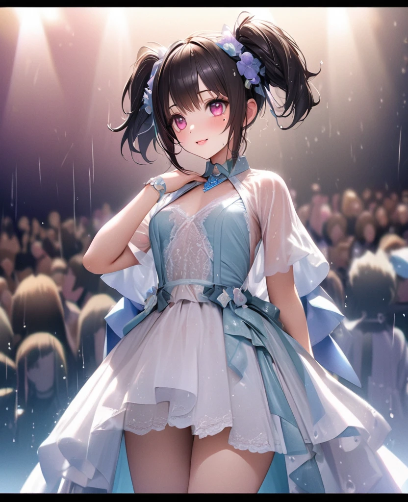 One Girl、My name is Mei、Gazing at the audience。 (outside、heavy rain、heavy rainでびしょ濡れの野outsideコンサート、The costume is see-through）、Beautiful Blue Eyes、Black Hair、Pink striped hair、bangs、Shoulder-length hair、Mole under the eye、Plump and glossy lips、Heart-shaped choker、Idol、smile、heavy rainでびしょ濡れになっている、野outsideステージ、ー、。。。。。。。。。。。。。。。。。。。。。。。。。。。。。。。。3D、Real、 dance team uniform, masterpiece、Highest quality、8k、Detailed skin texture、Detailed cloth texture、Beautifully detailed face、Intricate details、Very detailed、 Ultra-high resolution、8K Ultra HD、Film Grain、Best Shadow、delicate、Gazing at the audience、front
