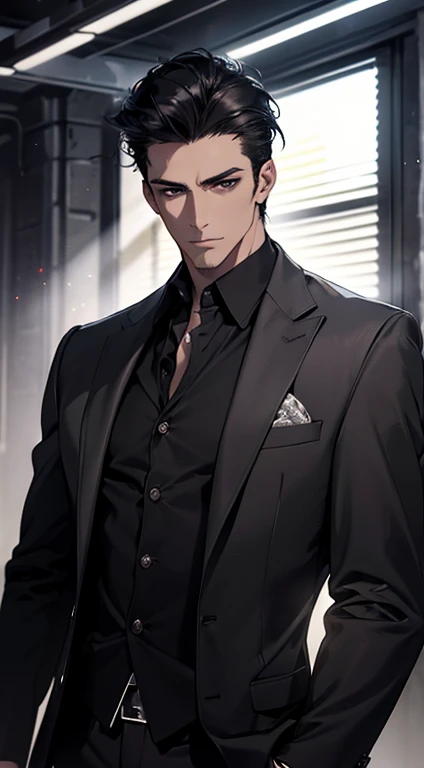 (best quality, masterpiece, 8K, photorealistic, cinematic lighting, hdr image, ultra detailed, beautiful image), a  man, very handsome, serious, short black hair, black eyes, perfect face without errors, ((buttonthe jacket, CEO))