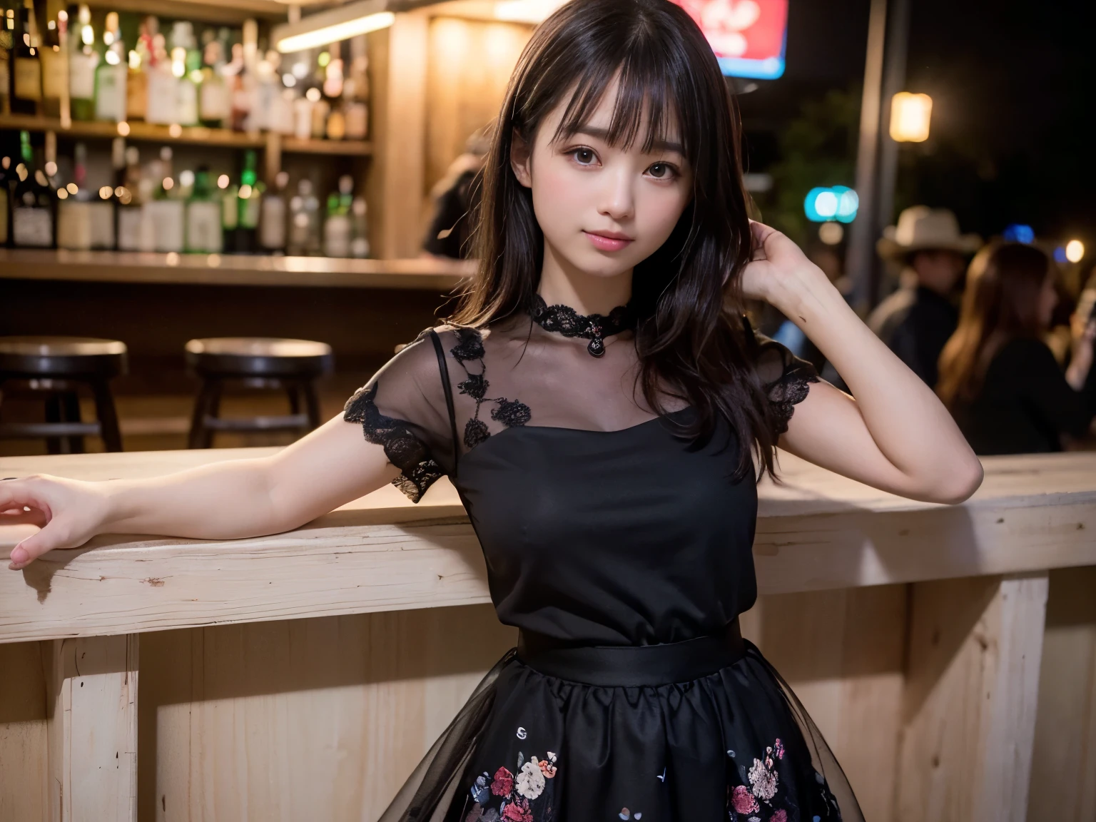 (Highest quality, masterpiece, Ultra-high resolution, 8k, RAW Photos, Realistic, Anatomically correct:1.5), (Stainless steel round bar fence:1.0, Put your elbow on the fence:1.2,  high school girl、Short Cut、(Straight bangs)、20-year-old girl:1.2, Embarrassing, avert your eyes, blush:1.0, View Viewer, ((bar)) 、Night view、 Light:1.2, Bokeh, Cinema Lighting:1.0, Depth of written boundary, sharp、 Cute face、Idol、Black short sleeve lace top、Black tulle skirt、Black clothing、”dwarf”、(Floral clothes)、Full Body Shot、Cowboy Shot、 smile,