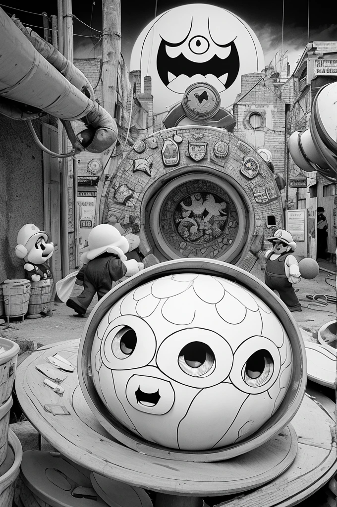 Super Mario Bros playing a eukaryotic cell, e os demais personagens ao fundo, para colorir