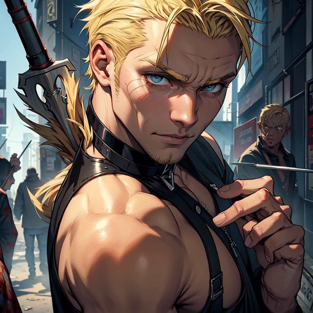 a buff man with blonde shaved upper cut hair wearing a black choker holding a spear in the zombie apocalypse body shot