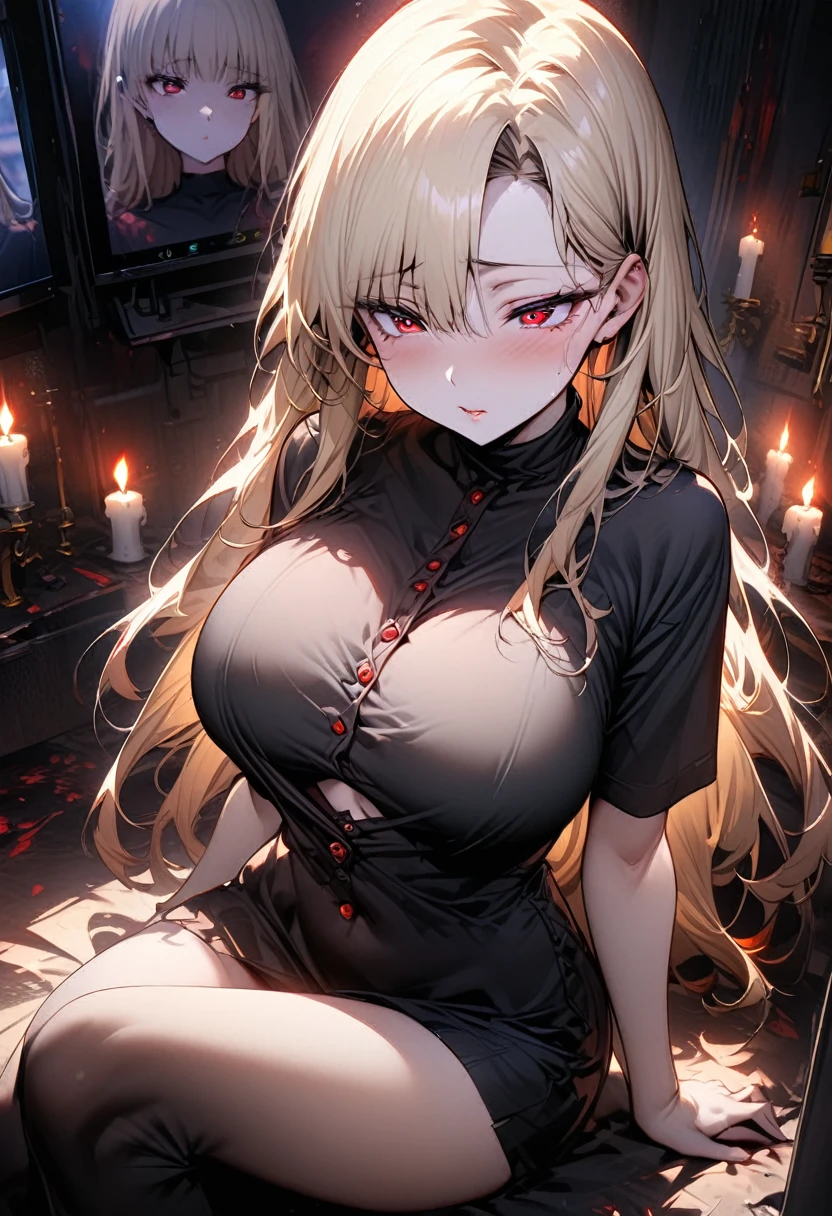 top-quality、Top image quality、masterpiece、girl with((Beautiful face、20yr old、Best Bust、big bust,Red eyes to issue,Valley、Blonde long hair、A slender and curvaceous body、Black Y-shirt with the second button open, sitting down, seductive eyes、Black Belly Short Skirt、Large valleys))hiquality、Beautiful Art、Background with((darkened room、candle)),Depth((Numerous monitors))masutepiece、visualart、depth of fields、