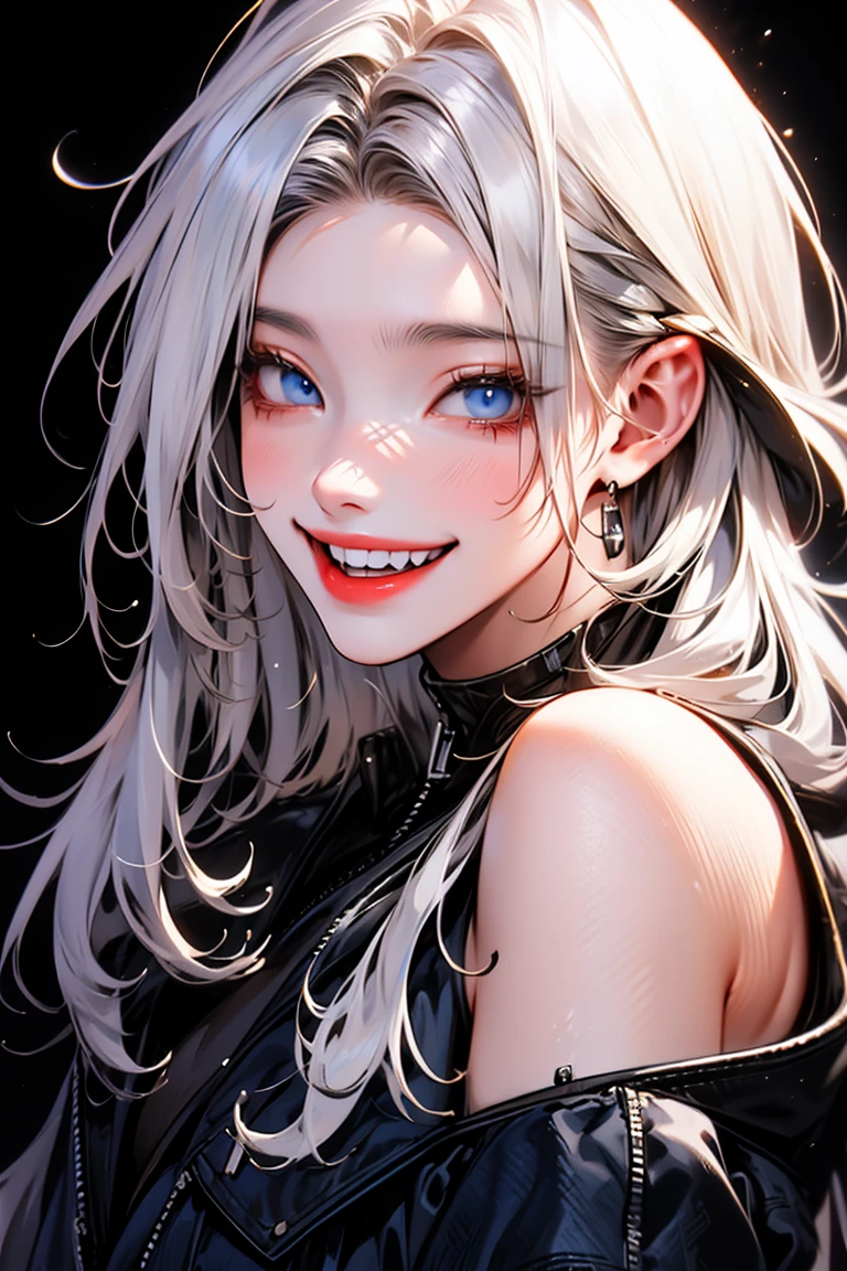 masterpiece, best quality, ultra-high-detailed, smile, white hair, light blue eyes, looking to viewer, black background, upper shoulder , manghwa style, age 25,