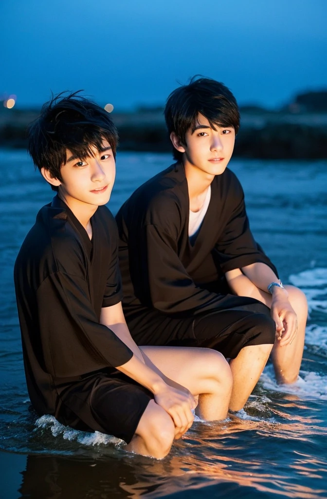 Beautiful boy、Handsome、18-year-old、Japan boys、Black Hair、night、coastal、Thin、Cute Boys、sit、、In the water、