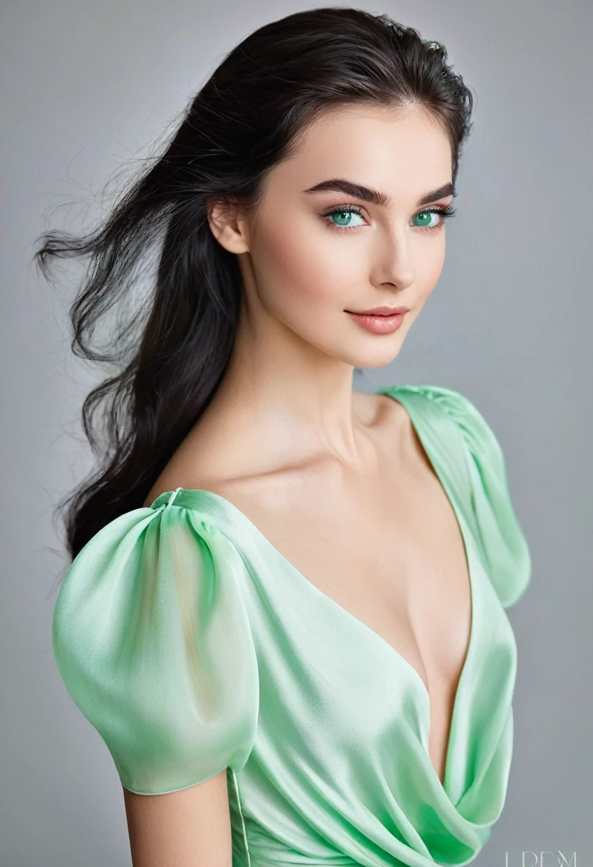 young woman, height 175 centimeters, with long, thick black hair, which cascade down her shoulders and back, ending with soft waves. her green eyes, bright and deep, resemble emeralds and attract the eye with their magical appeal. She has light, velvety skin, with a slight natural blush on the cheekbones, which gives her a fresh and healthy look.Her eyebrows are neatly defined, which emphasizes the expressiveness of the eyes. The nose is straight and graceful, Lips full, with a natural pink tint, often curved into a benevolent and mysterious smile. She has a slim figure, with long ногами и изящными руками. Her movements are smooth and graceful, that reminds one of a dancer or ballerina.She prefers an elegant style of clothing, which emphasizes her sophistication and sense of taste. In her wardrobe you can find dresses made from natural fabrics, such as silk and cotton, in pastel and neutral colors, which are in harmony with her appearance. Accessories are minimalist, but carefully selected, highlighting her natural beauty.Her voice is soft and melodious, often sounding with notes of goodwill and confidence. Her laughter is contagious and fills those around her with joy.. She's smart, insightful and has a deep sense of empathy, what makes her an interesting and pleasant conversationalist.