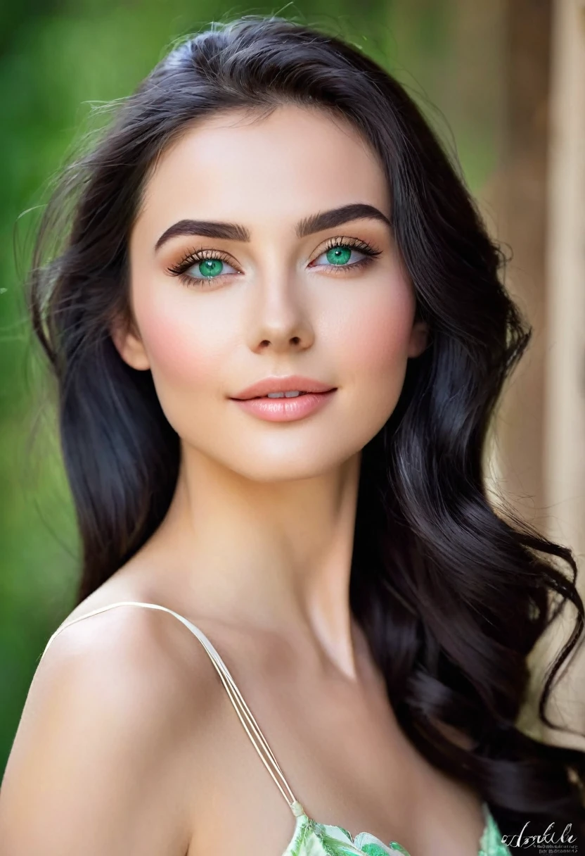 young woman, height 175 centimeters, with long, thick black hair, which cascade down her shoulders and back, ending with soft waves. her green eyes, bright and deep, resemble emeralds and attract the eye with their magical appeal. She has light, velvety skin, with a slight natural blush on the cheekbones, which gives her a fresh and healthy look.Her eyebrows are neatly defined, which emphasizes the expressiveness of the eyes. The nose is straight and graceful, Lips full, with a natural pink tint, often curved into a benevolent and mysterious smile. She has a slim figure, with long ногами и изящными руками. Her movements are smooth and graceful, that reminds one of a dancer or ballerina.She prefers an elegant style of clothing, which emphasizes her sophistication and sense of taste. In her wardrobe you can find dresses made from natural fabrics, such as silk and cotton, in pastel and neutral colors, which are in harmony with her appearance. Accessories are minimalist, but carefully selected, highlighting her natural beauty.Her voice is soft and melodious, often sounding with notes of goodwill and confidence. Her laughter is contagious and fills those around her with joy.. She&#39;s smart, insightful and has a deep sense of empathy, what makes her an interesting and pleasant conversationalist.