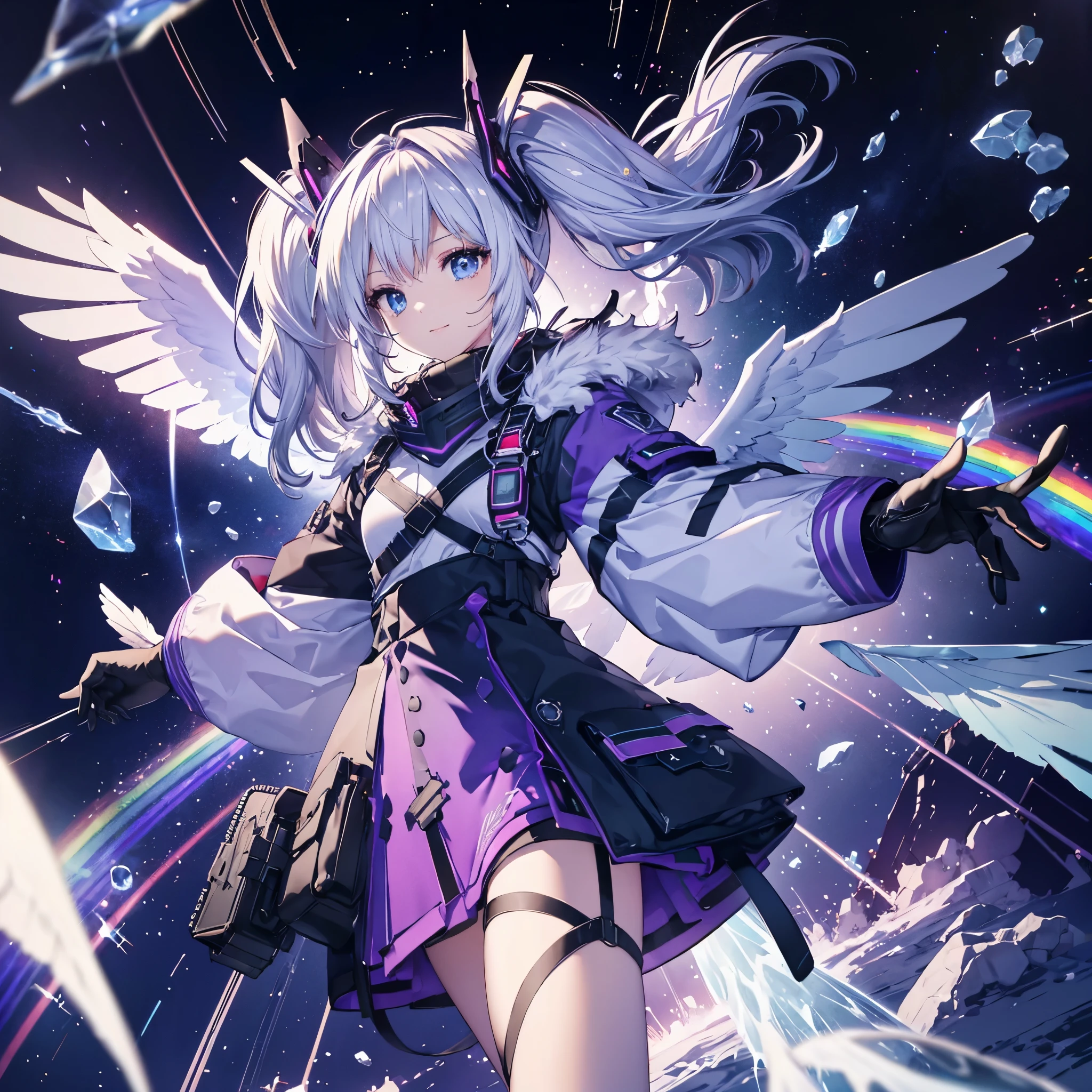 ((Archangel Fantasy Rainbow Hair Make your hair rainbow-colored on the inside Twin tails Dull blue eyes Has a galaxy uniform Put on a coat without putting your arms through it Wings many times larger than mine rainbow gradient feathers Digital Wings cyber punk Smiling Kindly front)) ((tears gloves)) (Broken glass Rolling Pebbles Distorted Space-Time star) Catch the wind milky way Shining Background Particles of light, rainbow colored edges Shining Edge star