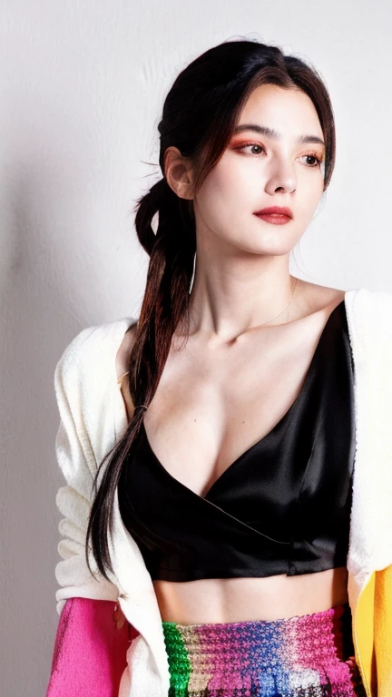 1girl, solo, breasts, colorful, (detailed skin:1.3), sharp focus, delicate, (8k, RAW photo, best quality, masterpiece:1.2), RAW photo, detailed eyes, physically based rendering, hardcore collarbone, off-shoulders blazer and long silk wrap skirt, boss beauty