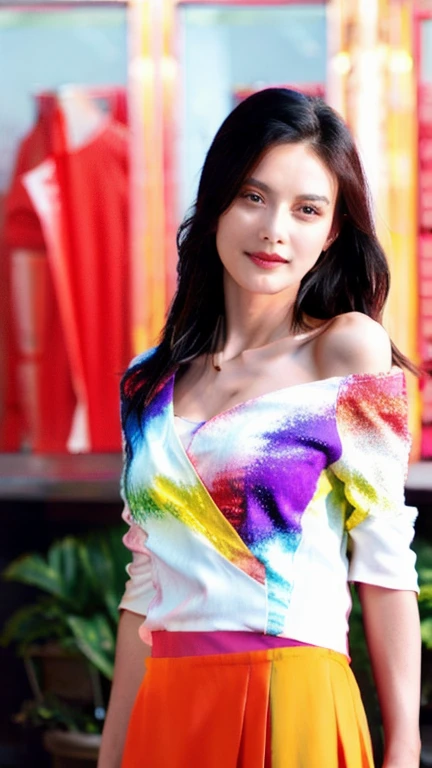 1girl, solo, breasts, colorful, (detailed skin:1.3), sharp focus, delicate, (8k, RAW photo, best quality, masterpiece:1.2), RAW photo, detailed eyes, physically based rendering, hardcore collarbone, off-shoulders blazer and long silk wrap skirt, boss beauty