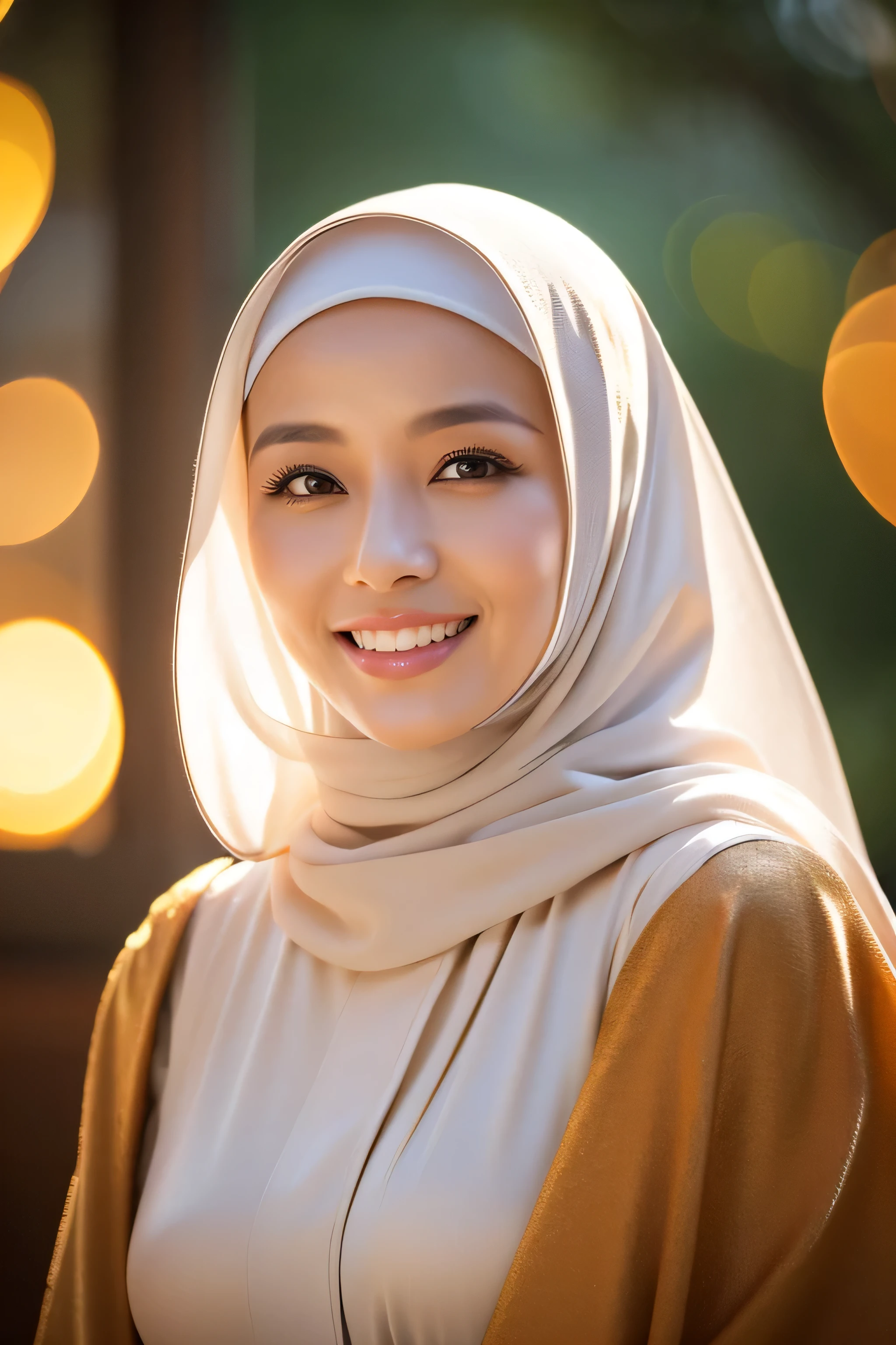 a gorgeous 42 year old Indonesian woman, 1girl, silk abaya, in hijab, smiling, shy, opened mouth, visible teeth, hot mom, full body portrait, (best quality,4k,8k,highres,masterpiece:1.2),ultra-detailed,(realistic,photorealistic,photo-realistic:1.37),HDR,UHD,studio lighting,ultra-fine painting,sharp focus,physically-based rendering,extreme detail description,professional,vivid colors,bokeh,portraits,warm color tones,dramatic lighting
