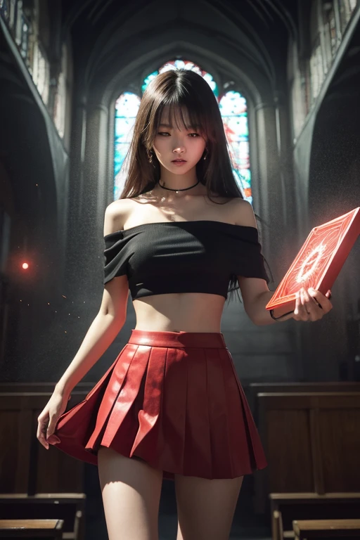 Digital Cyberpunk Art、8k、Very detailed、A hyper-realistic painting of a Japanese woman with ash-colored medium-long hair, wearing an off-the-shoulder black crop top, a red box pleated skirt, and black short boots, summoning a dead spirit from a magic circle in a chapel