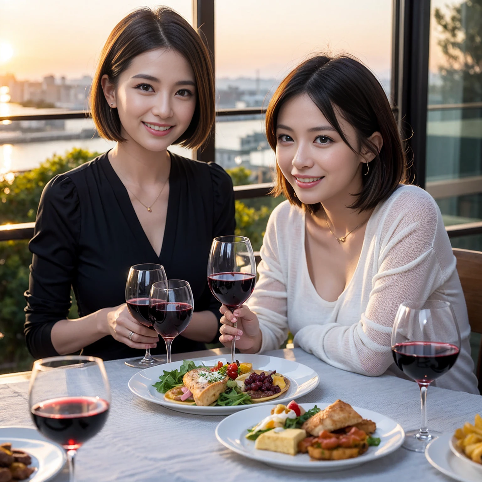 ((Highest quality、8k、masterpiece:1.3))、 (Genuineistic, Genuine、Bright image、Intricate details:1.2), 最高のsmile 男性1人 女性1人、美しいCouple、lover、Relatives and friends、actress Couple、Couple、モデルCouple、smile、Full-course dinner at a packed table、テーブルにwine glass、 (Slim face), (the body is slim), (Brown Hair), (short hair), Please shine a light on my face、 Amazing view of the sunset sky and clouds、 (age 34), 38 years old, red wine 、Appetizers、Wine bottle、sparkling wine、Long sleeve shirt、dress、White wine, red wine, wine glass, 