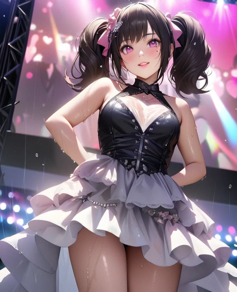 One Girl、Looking at the audience、lovely,
Beautiful pink eyes、short twin tail hair , Mole under the eye、Plump and glossy lips、Heart-shaped choca、Idol、Her name is Rico,smile、ー、。.。.。.。.。.。.。.。.。.。.。.。.。.。.。.。.。.。.3D、Realistic、
The idol's costume was soaked in the heavy rain, and her chest was wet and transparent.Heavy rain at outdoor concert, Drape clothes、gem、The decoration has been removed、Floral、Lace trim,On a glittering stage、
masterpiece、highest quality、8k、Detailed skin texture、Detailed cloth texture、Beautifully detailed face、Intricate details、Very detailed、
超A high resolution、8k Ultra HD、Film Grain、Best Shadow、delicate、Gazing at the audience、front
