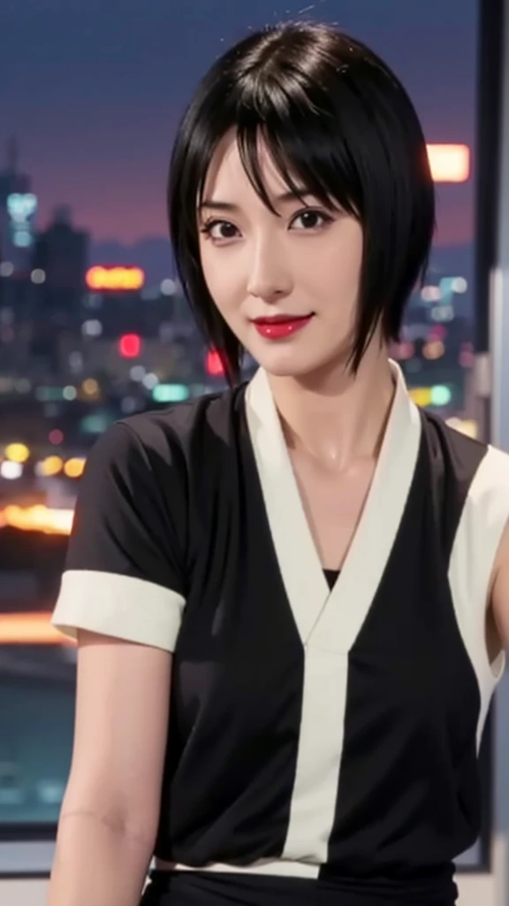 1girl, shizune in anime noruto, short hair, black hair, black eyes, beautifull, smile, black clothes, city background, ultra detail, realistic, red lips