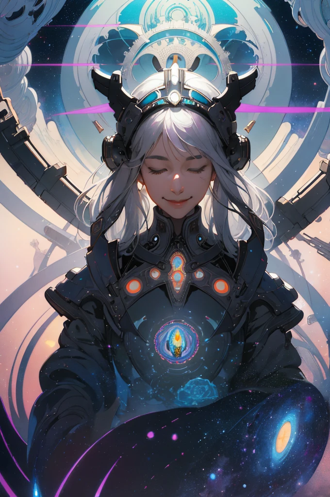 Beautiful gray hair secondary girl with spiritual awakening,Smile symmetrically across your body,closing eyes,intricate details,The heavenly and mysterious environment of the universe,Named after Greg Rutkovsky,rhads,Beeple,Lois van Barle,Ilya Kubshinov,ross draw,Tom Backshaw,A masterpiece of Alphonse Mucha's brushstroke style,ultra high resolution, high quality。