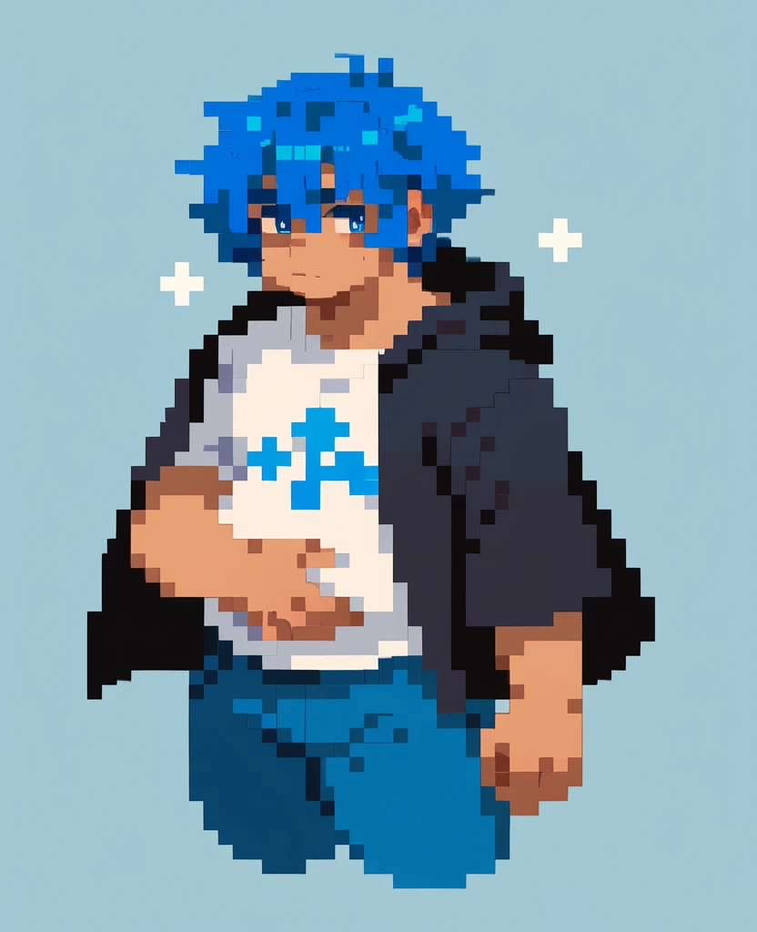 Little funny chubby pixel mage in dark t-shirt with dark blue pants and black cloak and blue hair