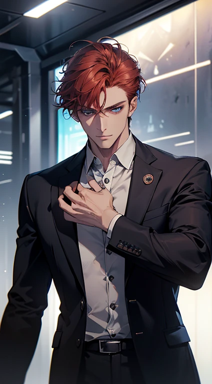 (best quality, masterpiece, 8K, photorealistic, cinematic lighting, hdr image, ultra detailed, beautiful image), a mature man, very handsome, serious, short red hair, blue eyes, perfect face without errors, ((buttoning the jacket, CEO))