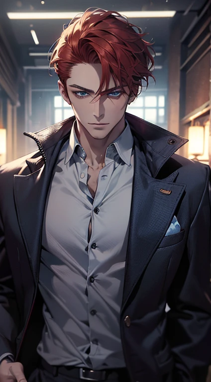 (best quality, masterpiece, 8K, photorealistic, cinematic lighting, hdr image, ultra detailed, beautiful image), a mature man, very handsome, serious, short red hair, blue eyes, perfect face without errors, ((buttoning the jacket, CEO))