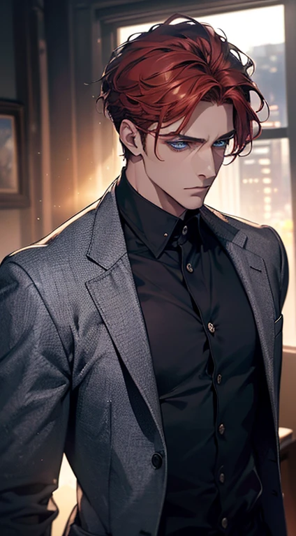 (best quality, masterpiece, 8K, photorealistic, cinematic lighting, hdr image, ultra detailed, beautiful image), a mature man, very handsome, serious, short red hair, blue eyes, perfect face without errors, ((buttoning the jacket, CEO))