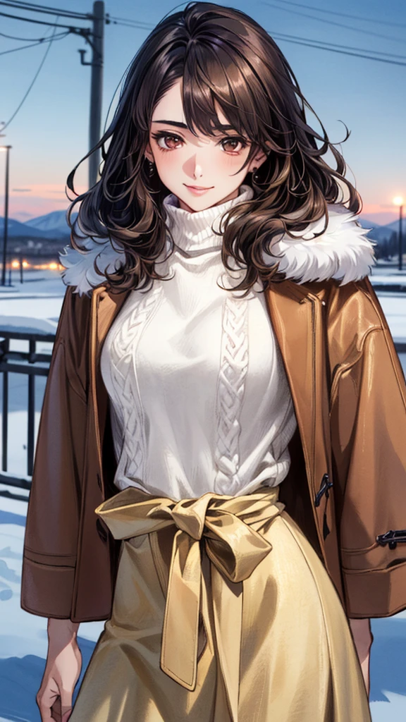 (masterpiece:1.3, Highest quality, Ultra-high resolution, Very detailed), (Realistic, photoRealistic:1.4), Beautiful illustrations, Perfect lighting, Natural light, colorful, Written boundary depth, winter、snow, Beautiful detailsまでこだわった髪, Beautifully detailed face, Beautiful details, Beautiful clavicle, Beautiful body,, Beautiful legs, Beautiful fingers, Shiny skin, Baby Face, Show Viewer, 1 Beauty, Japanese, single,20-year-old, (Perfect Anatomy, Anatomically correct, Very detailed肌), Cute and symmetrical face, Perfect Face, smile、Perfect Eyes, (Dark brown hair、Half Up Hair:1.4), Dark brown eyes, Long eyelashes, Medium Chest,, thin, Great style, , (Detailed cloth texture),(Fur coat:1.4), ((Thick turtleneck sweater:1.4)), ((Long skirt:1.4)),(Beautiful views), evening, (かわいらしいsmile, Lips parted),