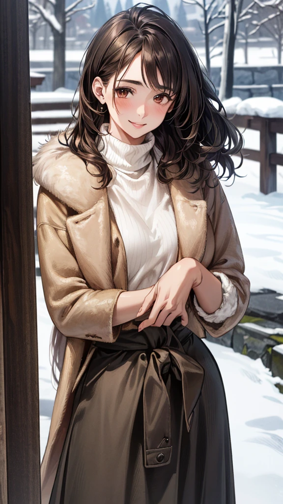 (masterpiece:1.3, Highest quality, Ultra-high resolution, Very detailed), (Realistic, photoRealistic:1.4), Beautiful illustrations, Perfect lighting, Natural light, colorful, Written boundary depth, winter、snow, Beautiful detailsまでこだわった髪, Beautifully detailed face, Beautiful details, Beautiful clavicle, Beautiful body,, Beautiful legs, Beautiful fingers, Shiny skin, Baby Face, Show Viewer, 1 Beauty, Japanese, single,20-year-old, (Perfect Anatomy, Anatomically correct, Very detailed肌), Cute and symmetrical face, Perfect Face, smile、Perfect Eyes, (Dark brown hair、Half Up Hair:1.4), Dark brown eyes, Long eyelashes, Medium Chest,, thin, Great style, , (Detailed cloth texture),(Fur coat:1.4), ((Thick turtleneck sweater:1.4)), ((Long skirt:1.4)),(Beautiful views), evening, (かわいらしいsmile, Lips parted),