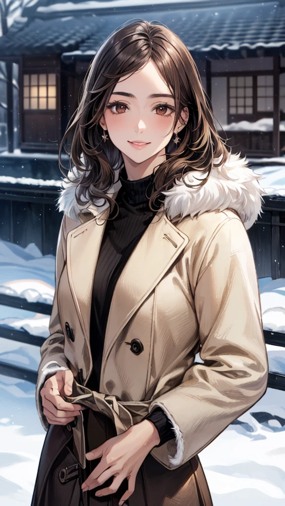 (masterpiece:1.3, Highest quality, Ultra-high resolution, Very detailed), (Realistic, photoRealistic:1.4), Beautiful illustrations, Perfect lighting, Natural light, colorful, Written boundary depth, winter、snow, Beautiful detailsまでこだわった髪, Beautifully detailed face, Beautiful details, Beautiful clavicle, Beautiful body,, Beautiful legs, Beautiful fingers, Shiny skin, Baby Face, Show Viewer, 1 Beauty, Japanese, single,20-year-old, (Perfect Anatomy, Anatomically correct, Very detailed肌), Cute and symmetrical face, Perfect Face, smile、Perfect Eyes, (Dark brown hair、Half Up Hair:1.4), Dark brown eyes, Long eyelashes, Medium Chest,, thin, Great style, , (Detailed cloth texture),(Fur coat:1.4), ((Thick turtleneck sweater:1.4)), ((Long skirt:1.4)),(Beautiful views), evening, (かわいらしいsmile, Lips parted),