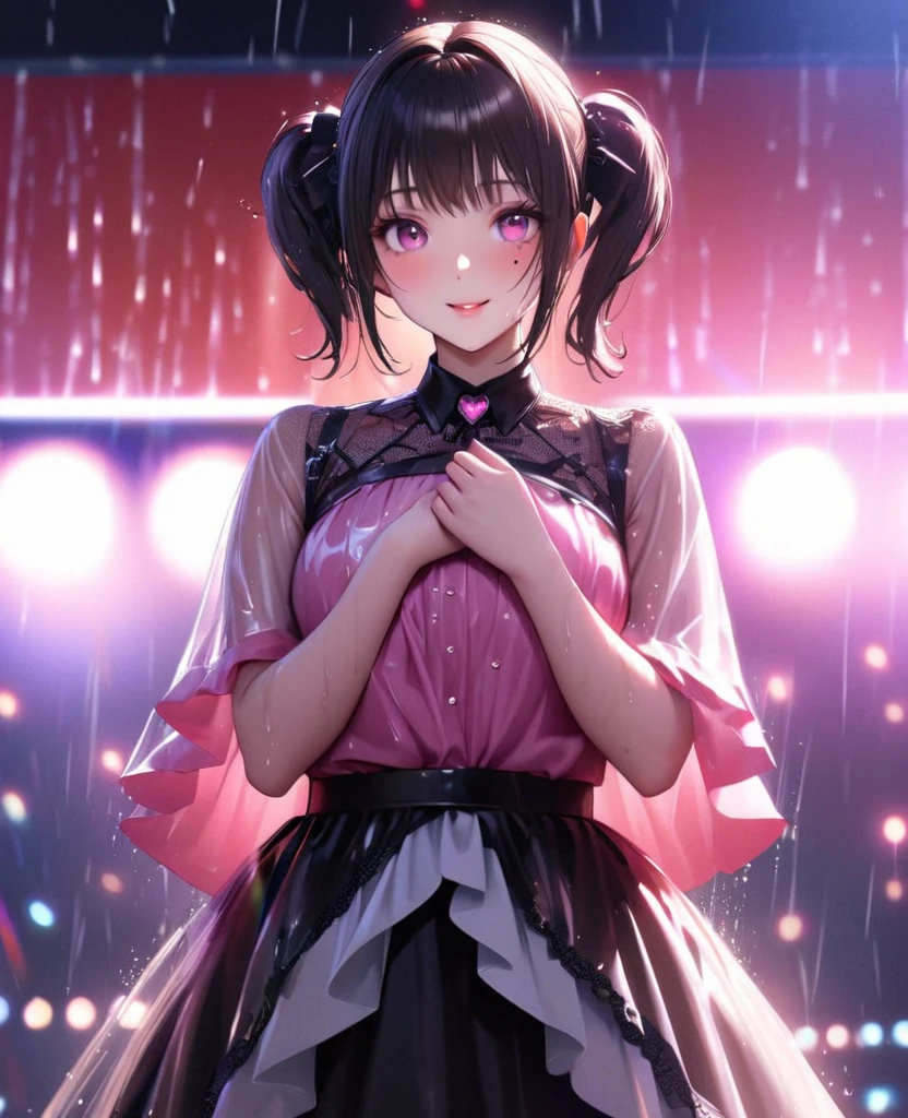 One Girl、Looking at the audience、lovely,
Beautiful pink eyes、short twin tail hair , Mole under the eye、Plump and glossy lips、Heart-shaped choca、Idol、Her name is Rico,smile、ー、。.。.。.。.。.。.。.。.。.。.。.。.。.。.。.。.。.。.3D、Realistic、
The idol's costume was soaked in the heavy rain, and her chest was wet and transparent.Heavy rain at outdoor concert, Drape clothes、gem、The decoration has been removed、Floral、Lace trim,On a glittering stage、
masterpiece、highest quality、8k、Detailed skin texture、Detailed cloth texture、Beautifully detailed face、Intricate details、Very detailed、
超A high resolution、8k Ultra HD、Film Grain、Best Shadow、delicate、Gazing at the audience、front
