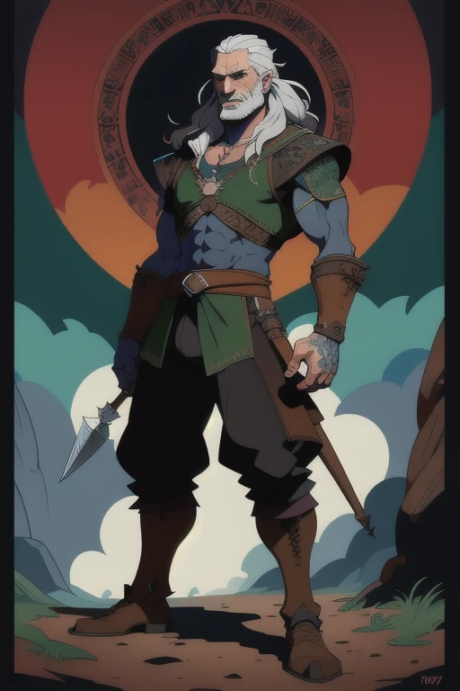 the witcher, fullbody, digital painting by Tom Whalen, (masterpiece:1.2), best quality,  colorful, (intricate details, hyperdetailed, highest detailed:1.2), high resolution textures