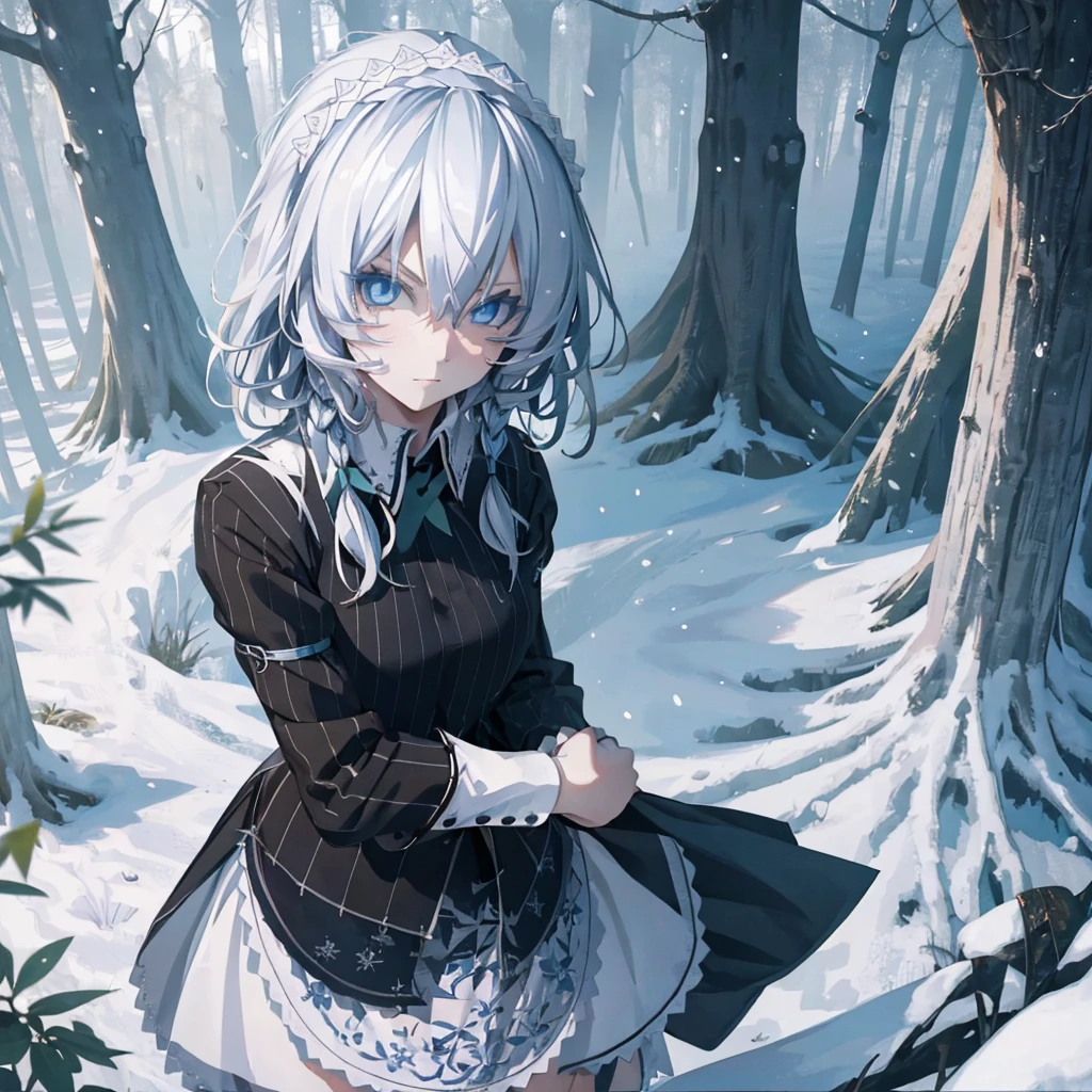 White hair girl, beautiful detailed eyes, pale skin, elegant pose, fantasy setting, soft lighting, ethereal atmosphere, mesmerizing gaze, delicate features, porcelain-like complexion,  sparkling snowflakes falling around her, snow-covered landscape,  graceful movement, dreamlike aura, enchanting beauty, enchanted forest, surreal color palette, delicate snowflakes melting on her fingertips, frozen breath in the air, winter wonderland scenery, magical glow surrounding her, serene expression, captivating presence, subtle hints of blue and silver, soft rays of sunlight filtering through the trees, tranquility and peace in her presence, icy blue eyes reflecting the beauty of her surroundings, dreamy and otherworldly atmosphere, a touch of mystery, artistic masterpiece, high resolution details, stunning portrait, portrait in a fairytale world, (1girl:1.2), solo, , Sakuya izayoi, silver hair, maid dress, white apron, very short skirt, sexy pose,, sleeveless outfit, detailed face, detailed eyes, fresh blue eyes, big green ribbons, blue outfit, small-to-medium breasts, white hair, bowtie girl, white maid headband, upper body, close up, (braided hair:1.2)