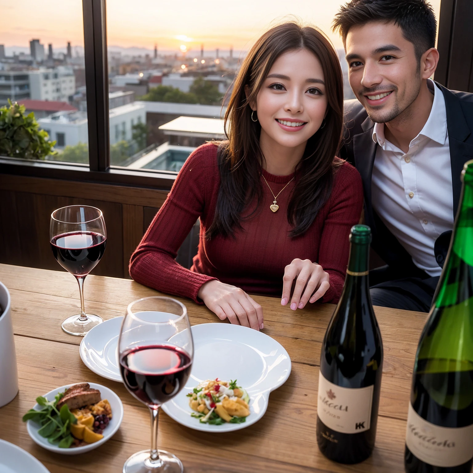 ((Highest quality、8k、masterpiece:1.3))、 (Genuineistic, Genuine、Bright image、Intricate details:1.2), Best smile 1 man 1 woman、Beautiful Couple、spouse、Couple、spouse、Beautiful Couple、Smile、A full-course dinner with a full table、テーブルにwine glass、 (Slim face), (The body is slim), (Brown Hair), (short hair), Please shine a light on my face、 Amazing view of the sunset sky and clouds、 (age 34), 39 years old, red wine 、Wine bottle、sparkling wine、Long sleeve shirt、dress、White wine, red wine, wine glass,